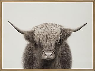 Kate and Laurel Sylvie Hey Dude Highland Cow Color Framed Linen Textured Canvas Wall Art by The Creative Bunch Studio, 28x38 Natural, Decorative Cow Art for Wall