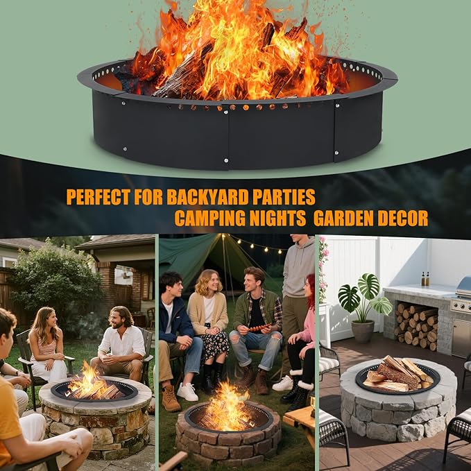 Smokeless Fire Pit Ring for Outside, 40 Inch Heavy Duty Metal Insert with Air Vents for Better Burn, Outdoor Firepit Ring for Backyard, Patio, Camping, Smokeless Wood Burning Use