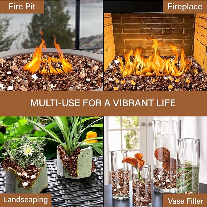NUPICK 20 Pound Fire Glass, 1/4 Inch Reflective Fire Pit Glass, Tempered Firepit Glass Rock for Propane or Natural Gas, Glass Rocks for Fire Pit Table, Fireplace Glass for Landscaping, Copper