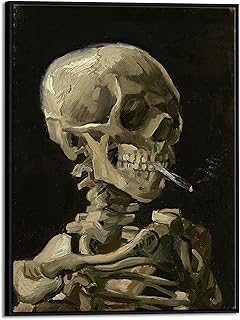 Wieco Art Large Framed Art Skull of a Skeleton with Burning Cigarette,1886 by Vincent Van Gogh Canvas Wall Art for Home Office Bedroom Decoration Canvas Prints Black Framed