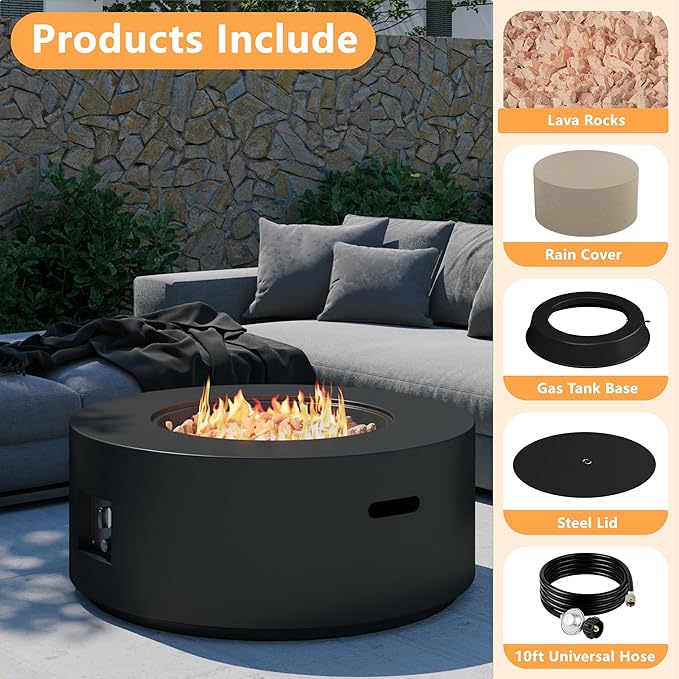 32.5 inch Round Propane Fire Pit, 50000 BTU Gas Fire Pit Table with Steel Lid, Waterproof Cover, 10ft Gas Hose & Gas Tank Base, Lava Rocks, Black