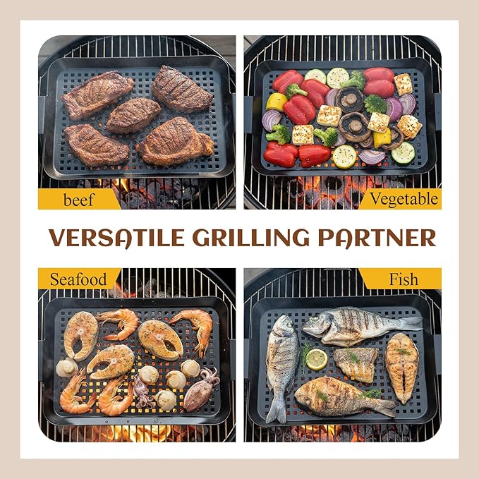 3 Pack Grill Tray for Outdoor Grill Stainless Steel Nonstick Grilling Baskets with Holes and Handles Heavy Duty Perforated Grilling Tray Barbecue Accessories for Vegetable, 2 Size