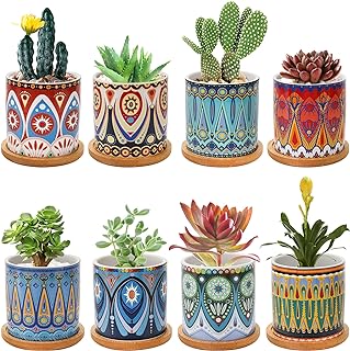 Kingrol 8 Pack Succulent Pots, Mini Ceramic Flower Planter Pot with Drainage Hole and Bamboo Tray for Cactus, Ferns, Herbs, Jade Plants - Mandala Style, Plants Not Included