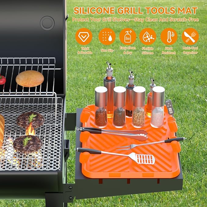 Silicone Griddle Tool Mat for Blackstone Side Shelf with 5 Removable Silicone Grill Tools Holders–Spatula Holders & Utensil Rests with Thermometer Slots, Drain Mat for BBQ Accessories Orange 12x16Inch