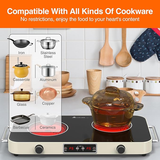 GIHETKUT Electric Cooktop, 2200W 110V Electric burner, Electric Stove Top with 2 Handle, 2 Burner Electric Cooktop with 9 Power Settings,Knob Control Child Safety Lock & Timer.