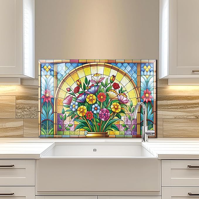 fzxwyishu Tempered Glass Backsplash for Kitchen,Stove Splashback Protector Mosaic Window Design | Heat-Resistant Splash Board, Kitchen Wall Decoration