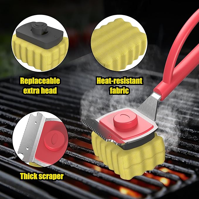 Grill Brush Bristle Free, BBQ Replaceable Cleaning Head with 18" Extended Handle, Unique Seamless-Fit Scraper Tool for Cast Iron/Stainless-Steel Grates, Durable Barbecue Cleaner(Red)