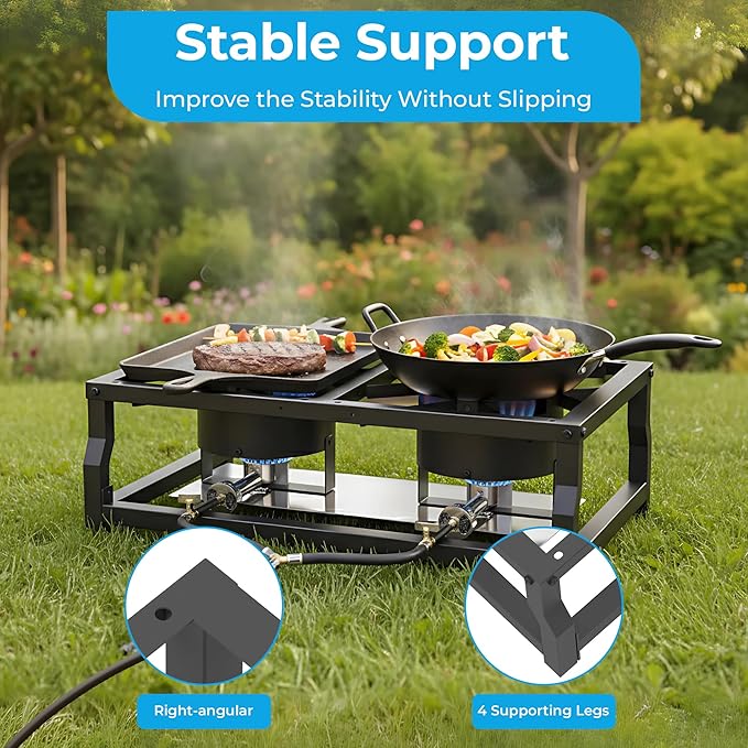 FIRE RIOT Tabletop Double Burner Camp Stove - 100,000 BTU Portable Propane Gas Cooker with CSA Regulator - Heavy-Duty Steel Frame for Camping, BBQ & Outdoor Cooking