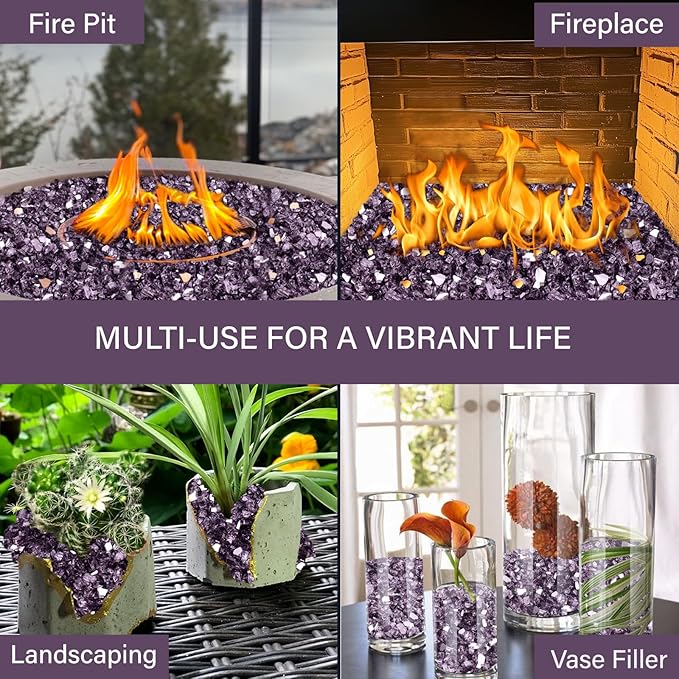 NUPICK 10 Pound Fire Glass, 1/4 Inch Reflective Fire Pit Glass, Tempered Firepit Glass Rock for Propane or Natural Gas, Glass Rocks for Fire Pit Table, Fireplace Glass for Landscaping, Violet