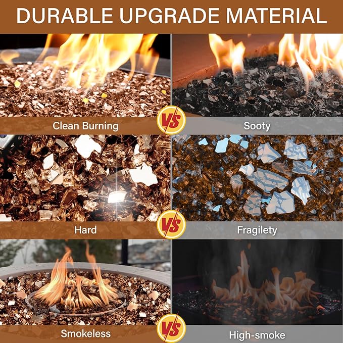 NUPICK 10 Pound Fire Glass, 1/2 Inch Reflective Fire Pit Glass, Tempered Firepit Glass Rock for Propane or Natural Gas, Glass Rocks for Fire Pit Table, Fireplace Glass for Landscaping, Copper