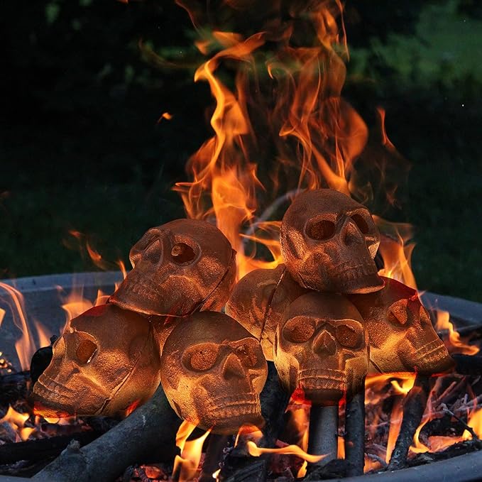 Metal Human Skull Gas Log Set of 8 for Indoor or Outdoor Fireplaces, Fire Pits, and Halloween Decor, Fireproof & Refractory Creepy Skull Charcoal for Spooky Home Decoration, Durable for 10+ Years Gift