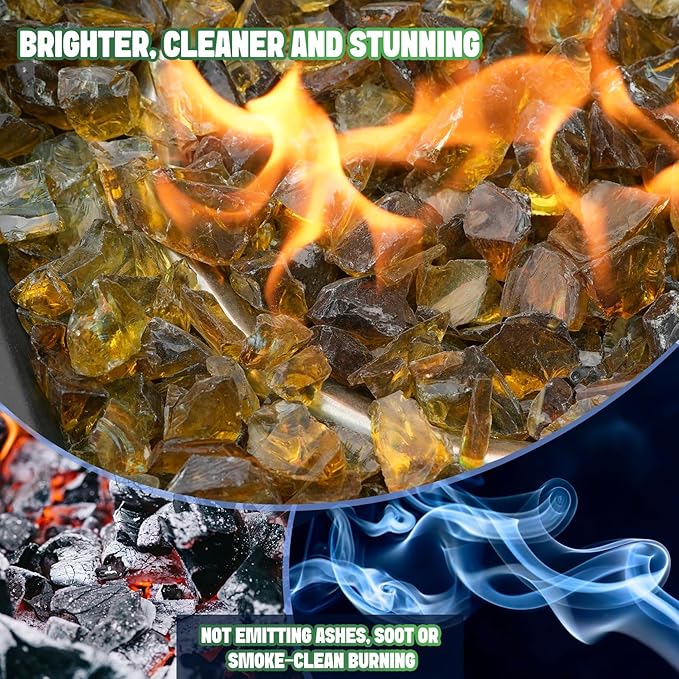 Mr. Fireglass Crushed Fire Glass for Natural or Propane Fire Pit, 10 Pounds Decorative Recycled Fireplace Glass Rocks for Fire Pit Fireplace and Landscaping, High Luster Amber