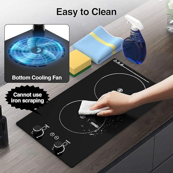 Electric Cooktop, 2 Burner Ceramic Cooktop 2400W 110V, Built-in or Countertop with Touch and Knob Control, 10 Power Levels, Child Lock, Timer, Hot Surface Indicator, Overheat Protection