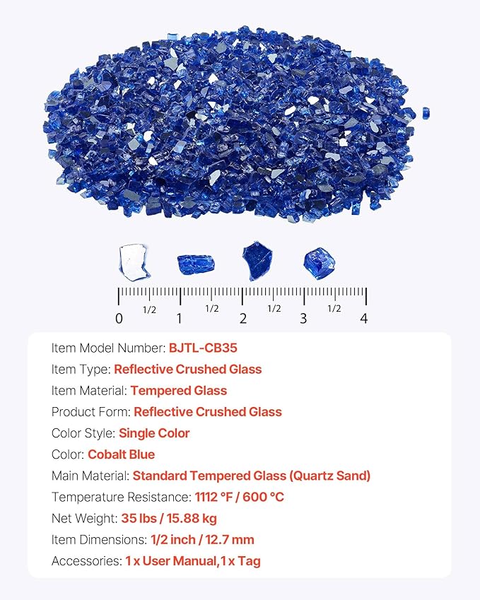 VEVOR Fire Glass, 35 lbs, Cobalt Blue, 1/2 Inch High-Temperature Resistant Reflective Glass Rocks, Smokeless Fire Pit Stones for Outdoor Table & Landscaping