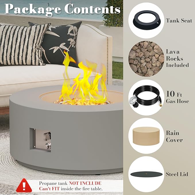 32.5 Inch Propane Fire Pit Table, 50,000 BTU Round Patio Fire Pit Table Outdoor, CSA Certified, Stainless Burner with Steel Lid, Waterproof Cover & Lava Rocks, for Garden Backyard, Gray