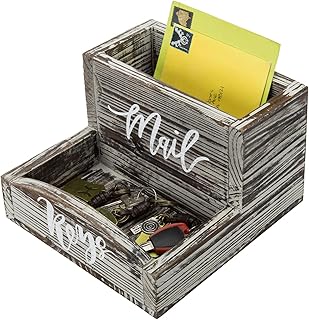 MyGift Rustic Torched Wood Mail Holder and Key Organizer Entryway Storage Tray with Cursive Mail and Keys Word Design, Office, Dorm, Classroom Desktop Organizing Bin