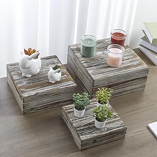 MyGift 3 Piece Rustic Solid Torched Wood Dessert Cake and Cupcake Stand, Decorative Box Display Risers