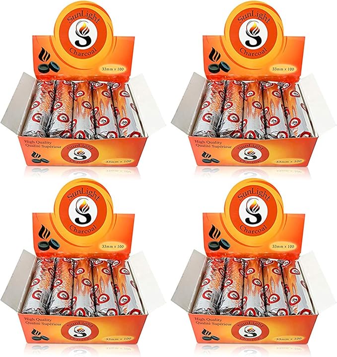 Sunlight® Charcoal Tablets for Incense– Quick Light Charcoal Tablets – Charcoal Disk Lights – 33 mm Resin Burner Rolls – – Charcoal Burner - Instant Fire Coal Tablet (100 Count (Pack of 4))