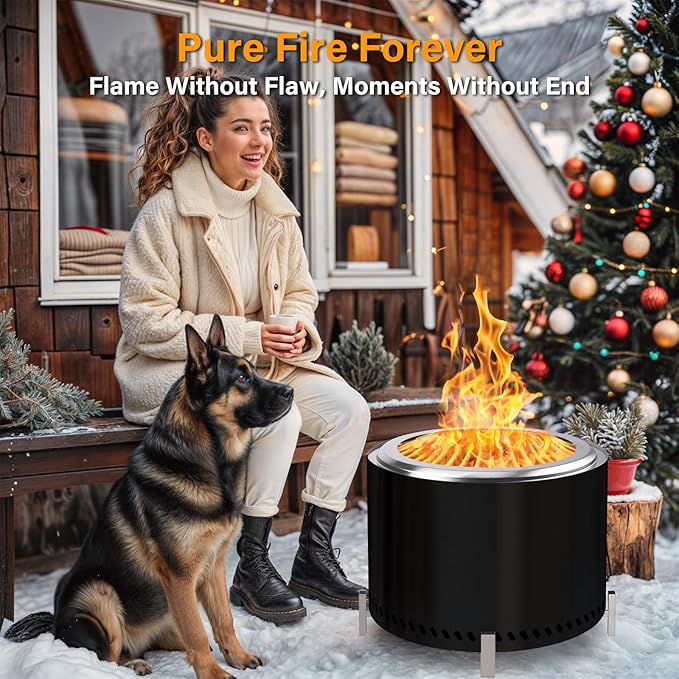 HGD 19.5" Smokeless Firepit with Stand, Stainless Steel Wood Burning Fire Pit for Friends & Family Gatherings, Secondary Combustion Outdoor Patio Stove for Garden BBQ & Bonfire (Black)