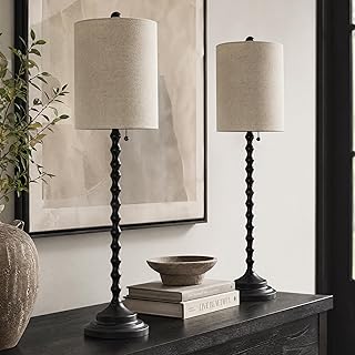 Buffet Lamps Set of 2, 30" Tall Black Table Lamps for Console Table, Entryway, Hallway, Dining Sideboard & Living Room, Candlestick Lamps with Linen Shade, Pull Chain, E26 Base, 6FT Cord