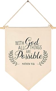 With God All Things Are Possible- Canvas Hanging Pennant Flag Wall Sign Decor-Inspirational Gift for Home,Office,Nursery,Kids Room,Living Room, Porch Decor-Matthew 19:26-Bible Verse Scripture