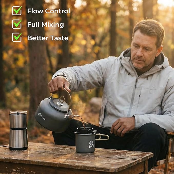 Alocs 2.3L Camping Coffee Pot Outdoor Coffee Maker Set, Hard Anodized Aluminum Camping Kettle with Pour Over Coffee Kit, 12oz Mug & Precision Spout, Portable Backpacking Gear for Campfire & Gas Stove