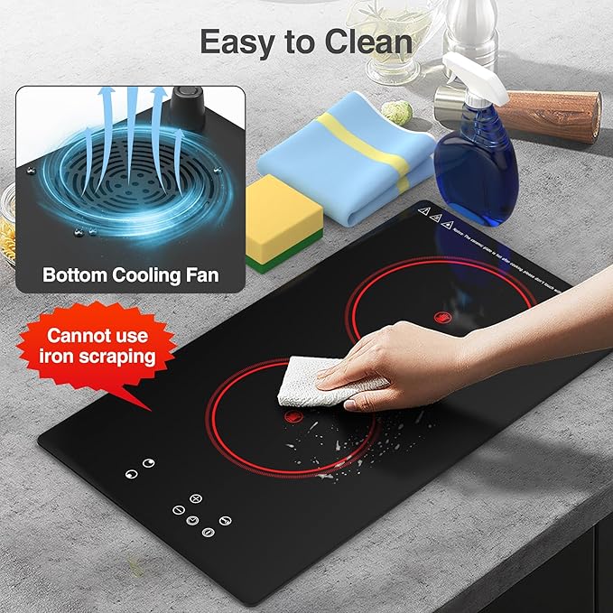 GIHETKUT Electric Cooktop,Built-in and Countertop Electric Stove Top, 2100W 110V Electric Burner 9 Heating Level, Timer & Kid Safety Lock, Sensor Touch Control 2 Burner Electric Cooktop.