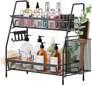 VITVITI 2-Tier Bathroom Organizer Countertop, Metal Wire Mesh Bathroom Counter Organizer Storage with Basket Hooks, Vanity Tray Shelf, Kitchen Spice Rack, Small Black