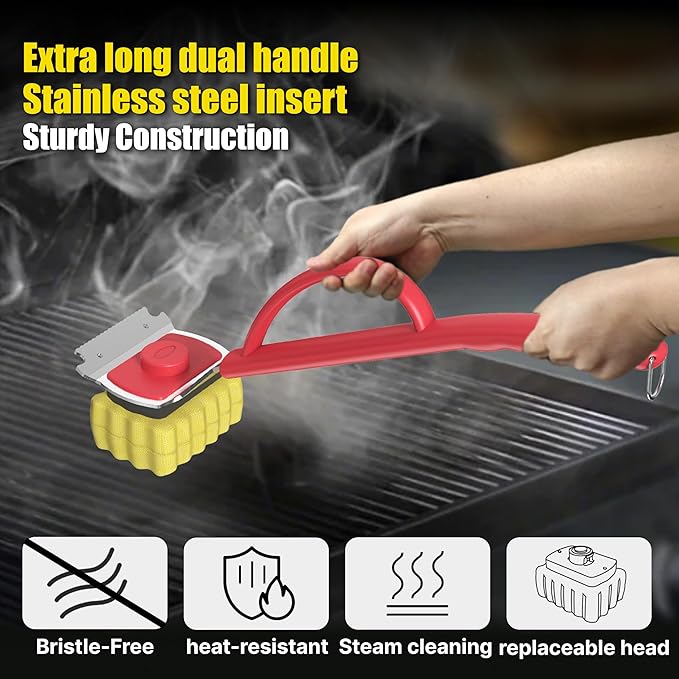 Grill Brush Bristle Free, BBQ Replaceable Cleaning Head with 18" Extended Handle, Unique Seamless-Fit Scraper Tool for Cast Iron/Stainless-Steel Grates, Durable Barbecue Cleaner(Red)