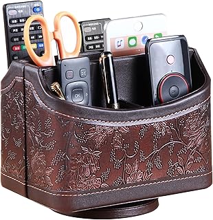 PUSU Leather 360°Rotatable Remote Control Holder,Nightstand TV Remote Caddy,Office Supplies Desktop Organizer,Spinning Storage Box for Pen,Mail,Phone,DVD, Blu-Ray, Media Player, Heater Controllers