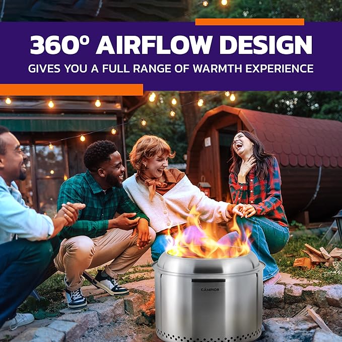 CAMPIOR Large Wood Burning Fire Pit Stove - Smokeless Outdoor Stove for Efficient Wood Fires, Camping, Cooking, and Garden Gatherings, Durable Stainless Steel with Removable Ash Pan, 20.94 lbs