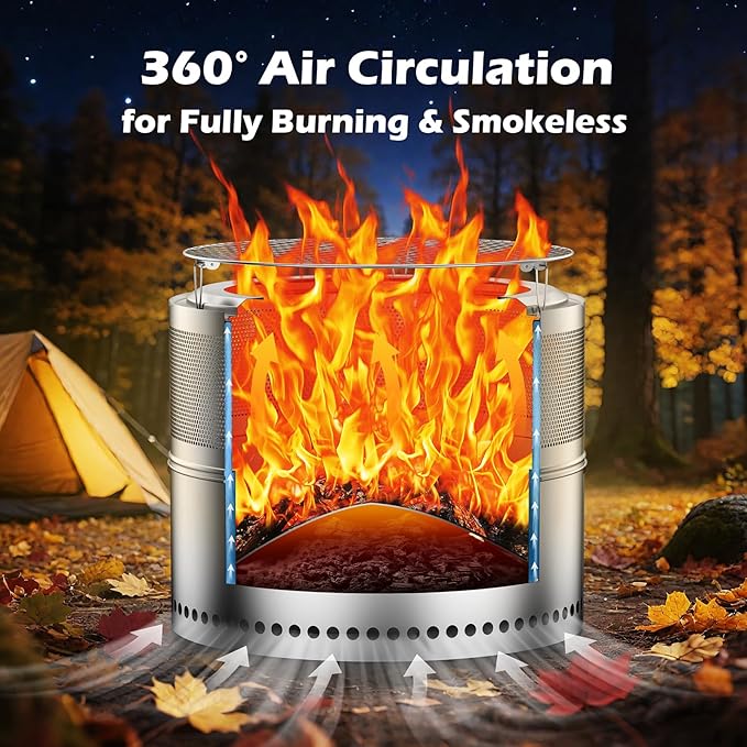 Smokeless Fire Pit with Grill Grate 20 Inch, Portable Stainless Steel Smokeless Firepit, Wood Burning Low Smoke Camping Fire Pit with Ash Pan & Carrying Bag, 360° Airflow, 16.5 lbs for RV & Patio