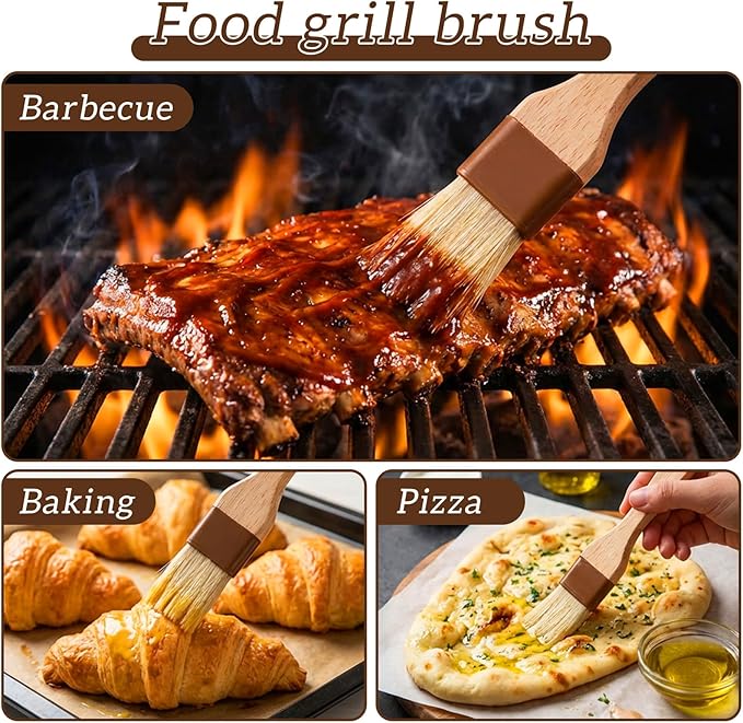 3Pcs Pastry Basting Brush for Cooking and Baking, 1" Boar Bristles and Beech Hardwood Handles Food Grade Culinary Oil Brushes for Barbecue Butter Grill BBQ Sauce Baster Marinade Kitchen Egg Wash Brush