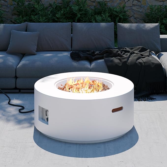 32.5 inch Round Propane Fire Pit, 50000 BTU Gas Fire Pit Table with Steel Lid, Waterproof Cover, 10ft Gas Hose & Gas Tank Base, Lava Rocks, White