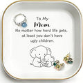 PUDDING CABIN Funny Mom Gifts from Daughter Son, Ceramic Trinket Dish Ring Holder Tray, Cute Elephant Jewelry Plate Organizer for Mother Birthday, Mother's Day, Christmas, Bedside Vanity Table Decor