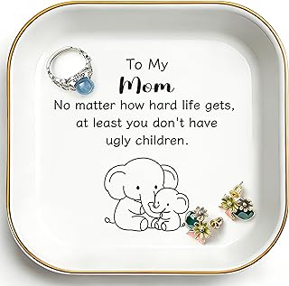 PUDDING CABIN Funny Mom Gifts from Daughter Son, Ceramic Trinket Dish Ring Holder Tray, Cute Elephant Jewelry Plate Organizer for Mother Birthday, Mother's Day, Christmas, Bedside Vanity Table Decor