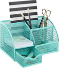 BLU MONACO Aqua Desk Organizer | Metal Turquoise Stationery Holder With Drawer and Compartments | Desktop Storage for School, Bedroom, Locker and Home | 5.5”D x 8.6”W x 5”H Accessory Caddy