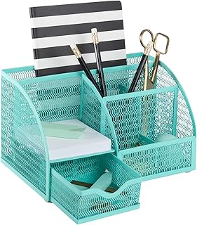 BLU MONACO Aqua Desk Organizer | Metal Turquoise Stationery Holder With Drawer and Compartments | Desktop Storage for School, Bedroom, Locker and Home | 5.5”D x 8.6”W x 5”H Accessory Caddy