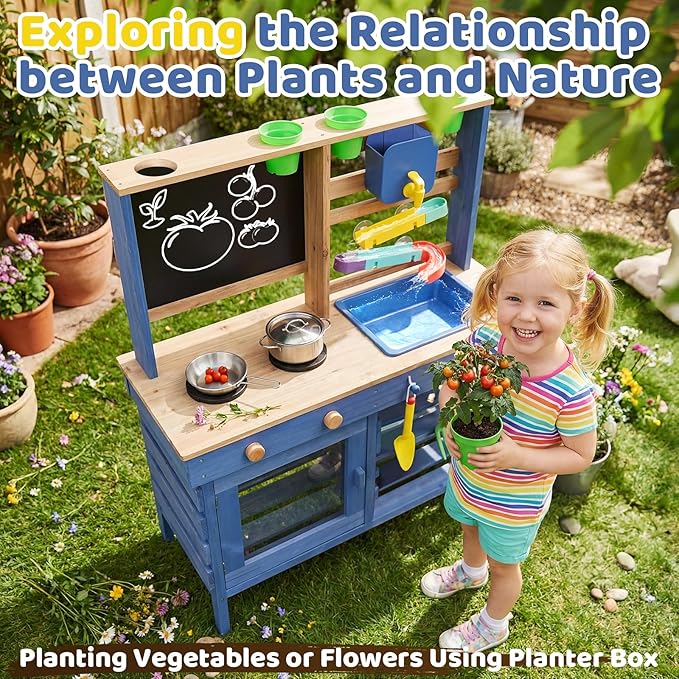 Wooden Outdoor Mud Kitchen for Kids, Pretend Play Kitchen Playset with Removable Sink, Faucet, Stove Top, Planting Area & Cooking Accessories, Toddler Gift for Boys Girls Ages 3+ (Blue)