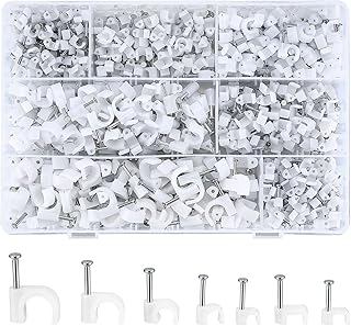 700 Pcs Cable Clips with Steel Nails, Cable Wire Cord Management Clips, White Ethernet Cable/Coax Cable/Cable Cord Holder Staples Clips with Tacks Nails for Wall, 4mm 5mm 6mm 8mm 10mm
