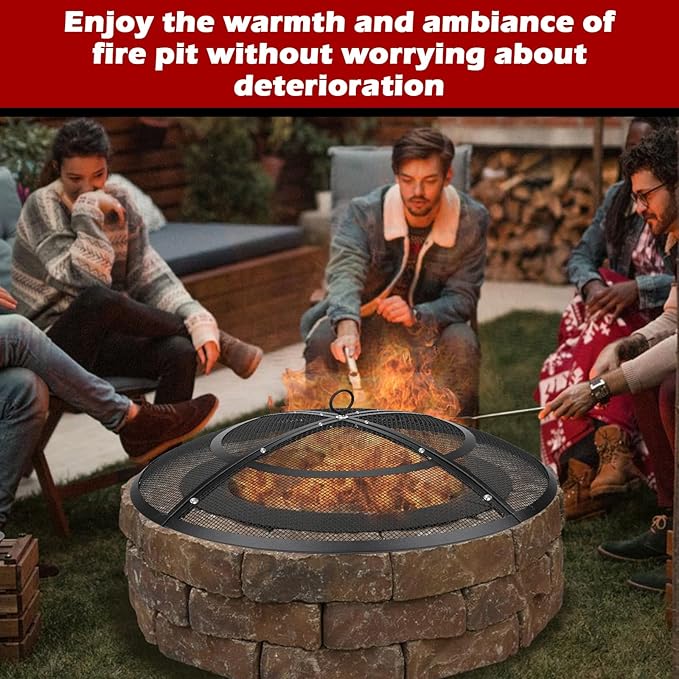 Fire Pit Spark Screen,24 Inch Fire Pit Screen Cover Outdoor with Handle&Poker,Firepit Screens Round Cover Mesh Replacement Heavy-Duty Steel Fire Pit Cover for Backyard/Beach/RV Camping