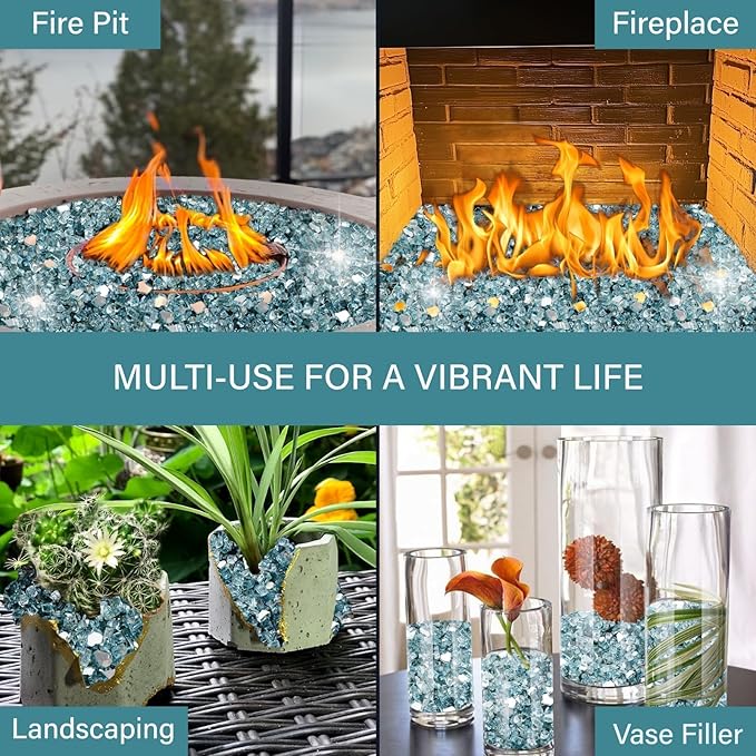 NUPICK 10 lb Reflective Fire Glass, 1/2 Inch, Fit for Fire Pit & Fireplace, Pacific Blue
