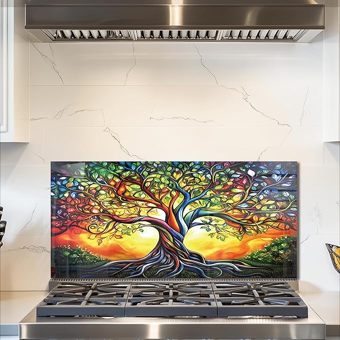 fzxwyishu Tree of Life,Tempered Glass Backsplash For Kitchen Behind Stove,Easy to Clean Kitchen Sink Cover Splash Guard, Home Kitchen Décor (color, 30"x14"(76.2x35.56cm))
