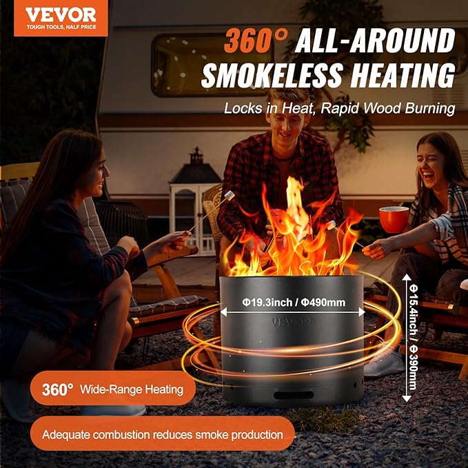 VEVOR Smokeless Fire Pit Stove Bonfire, H: 15.4 in x Dia: 19.3 in,Wood Burning Fireplaces with Removable Ash Pan, SUS430 Stainless Steel Inner Portable Outdoor Firepit, for Outdoor Patio Camping