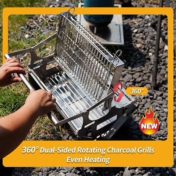 360° Rotating Barbecue Grill, Stainless Steel Flipping Barbecue Grills, Portable Camping Charcoal BBQ Grill Outdoor, Detachable Portable Charcoal Barbecue Grill for Picnic Yard Party