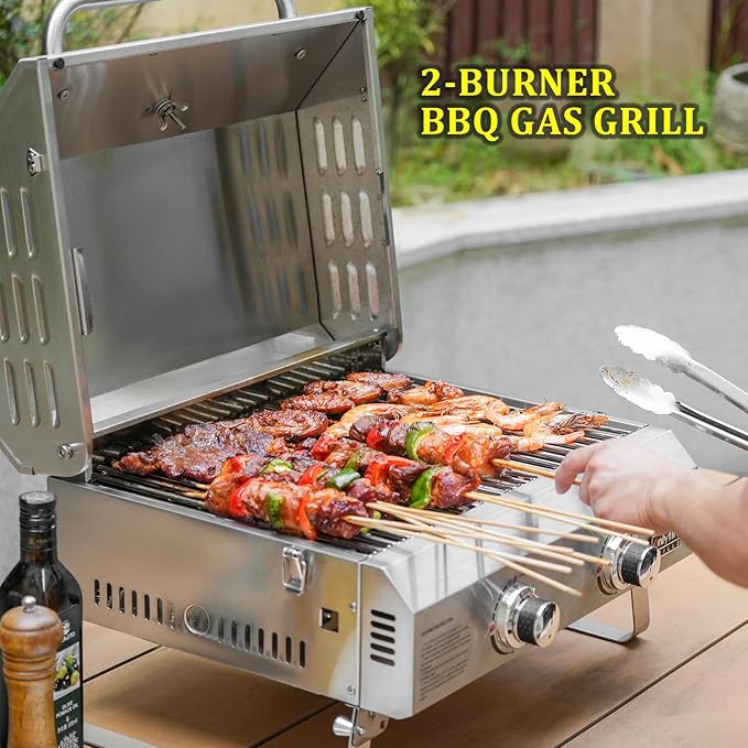 ONLYFIRE GRILLS Tabletop Gas Grill 2 Burners, 20" Portable Propane Grill with Foldable Legs for Outdoor Patio Backyard Camping Tailgating RV Trip Beach, Stainless Steel Gas Stove 16000BTU, GS322