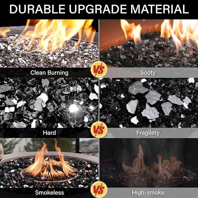 NUPICK 5 Pound Fire Glass, 1/2 Inch Reflective Fire Pit Glass, Tempered Firepit Glass Rock for Propane or Natural Gas, Glass Rocks for Fire Pit Table, Fireplace Glass for Landscaping, Black