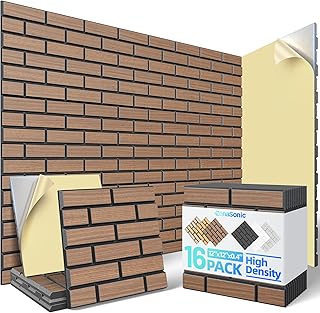 16 Pack Brick Sound Proof Wood Panels for Wall with Self-Adhesive, 12" X 12" X 0.4" High Density Acoustic Wood Wall Panels, Soundproof Wall Panels for Interior Wall Decor Home Studio Office - Walnut