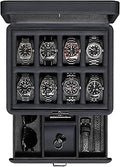 ROTHWELL 8 Slot Leather Watch Box with Valet Drawer - Luxury Case Display Jewelry Organizer, Locking Display Case Holder with Real Glass Top - Watch Box Organizer for Men & Women (Carbon)