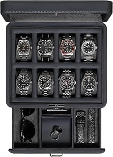 ROTHWELL 8 Slot Leather Watch Box with Valet Drawer - Luxury Case Display Jewelry Organizer, Locking Display Case Holder with Real Glass Top - Watch Box Organizer for Men & Women (Carbon)